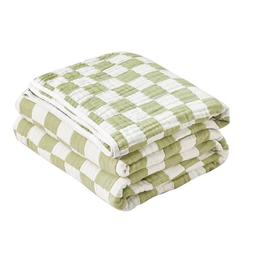 Image of 100% Cotton Muslin Blankets for Adults Queen Size 6-Layer Gauze Green Grid Cooling Blanket Lightweight Soft Breathable Decor Blanket for Sofa Couch Bed Coverlet Both Sides