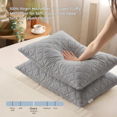Image of AYKA Quilted Pillow for Sleeping | Super Soft & Fluffy Bed Pillow | 100% Virgin Microfiber Filling | Ergonomic Neck Support | Breathable | Ideal for All Type of Sleepers | 17 x 20 Inch | Pack of 4