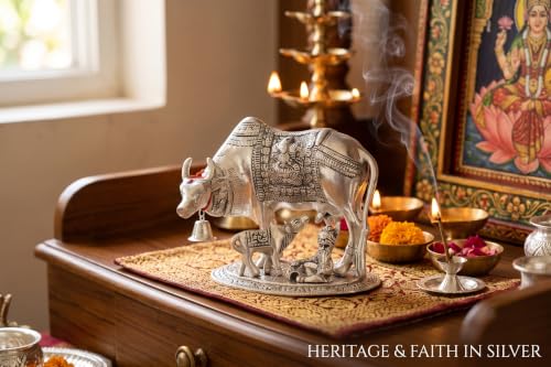 Image of KridayKraft Kamdhenu Cow & Calf with Bal Gopal Krishna Metal Statue Vastu Idol for Good Luck, Wealth & Prosperity, Feng Shui Showpiece for Home, Office & Housewarming Gift (Silver)