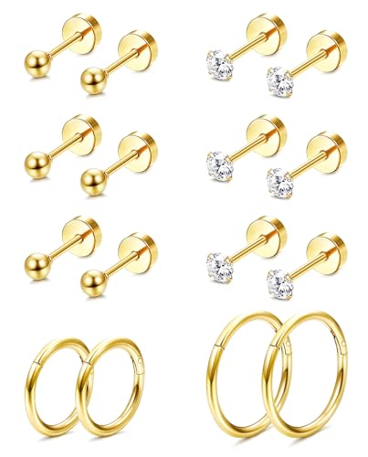 JeweBella 8 Pares Pequeños Pendientes Acero Quirurgico Mujer Piercing Oreja Pendientes Hipoalergenicos 14K Chapado en Oro Pendientes Dorados Mujer Pendientes de Aro Pendientes Oro Mujer