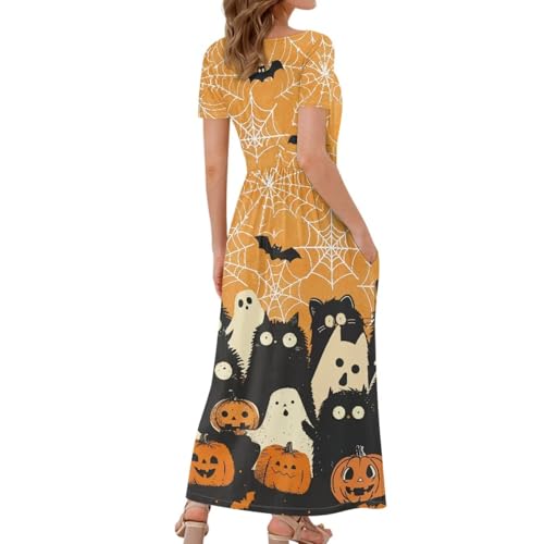 Image of Women's Fall Summer Short Sleeve Ankle Length V-Neck Party Dress with Pockets Size S-3XL