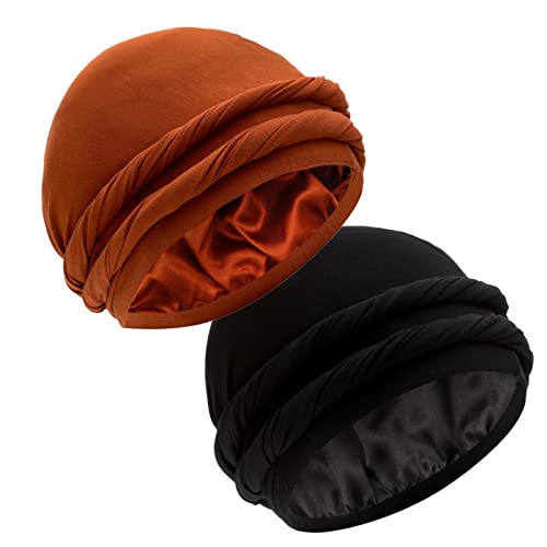 Silk Satin Lined Halo Turban Bonnet - Pretied Tail Design Head Wrap Durag For Men And Women - Sleep Cap Hair Cover(Black&Caramel) #TOP5
