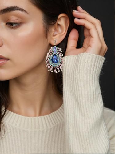 Frogwill Womens Crystal Hook Earrings Sparkling Rhinestone Peacock Feather Dangle Earrings2