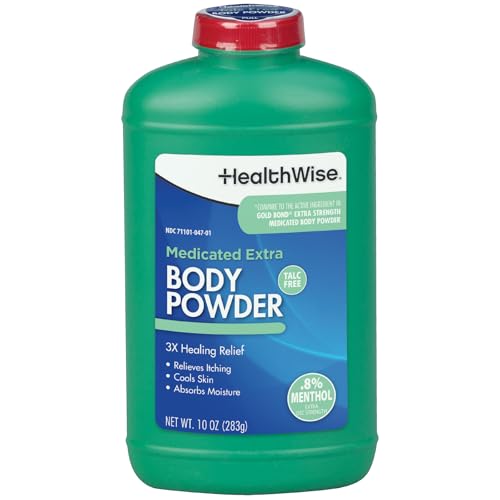HealthWise Medicated Extra Strength Body Powder | .8% Menthol | Talc Free | Anti-Itch Healing Relief | Cools Skin | Absorbs Moisture | 10 oz (283g)