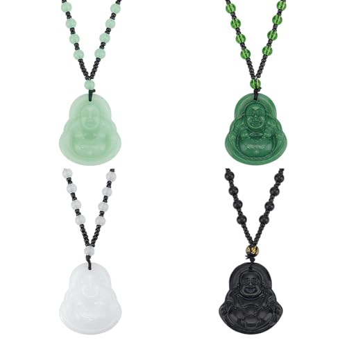 UNICRAFTALE 4 collares con colgante de Buda Maitreya de 4 colores, collares budistas con cuentas para hombres y mujeres, collar de Buda riendo Guanyin, collar con amuleto talismán de cristal de la