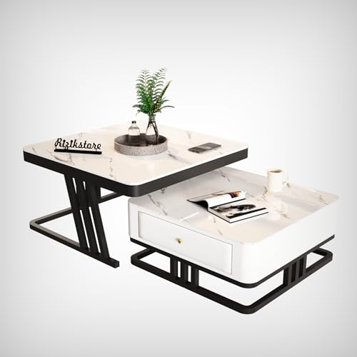 Image of RIZIK STORE Iron Frame Handmade Drawer Square Coffee Table /Nesting Table /Side Table /Center Table with Engineered Wood Top for Living Room /Drawing Room /Balcony (White- 24 inchx24 inch)
