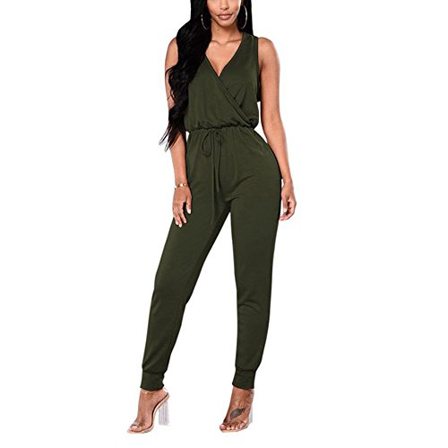 MAGICMK TYFeng Women's Sleeveless Romper V Neck Long Casual Jumpsuits Playsuits Outfits with Belt (Army Green, M)