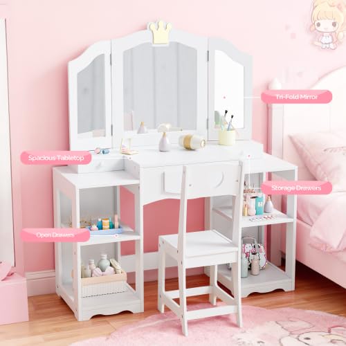 Bonnlo Coiffeuse pour Enfants 2 en 1, Meuble de Maquillage en Bois avec Mirror Amovible et Tabouret à Trois Volets, avec 4pcs Compartiments de Stockage, Coiffeuse Princesse, 104 * 38 * 55cm, Blanc