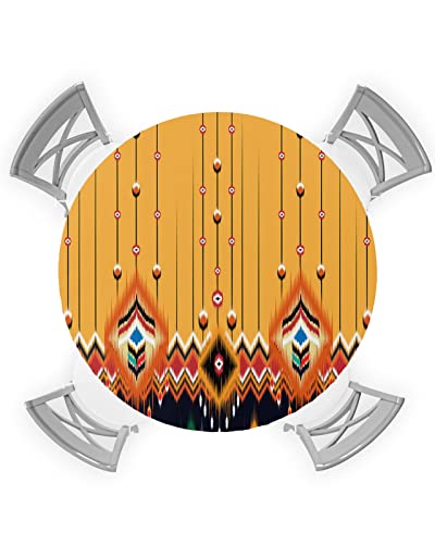 Abstract Geometric Round Waterproof Table Cover Fitted Tablecloth, Wipeable Fabric Elastic Table Cloth Oil-Proof Tablecover for Indoor Outdoor Picnic Party, Modern Minimalist Orange Stripes 45