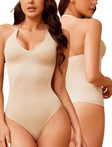 ZOEMAXIA Neckholder Shapewear Bodysuit Thong Backless Tummy Control Body Shaper G String Seamless Sculpting Bodysuit With Open Crotched Hooks and Eyes, Beige, XXL