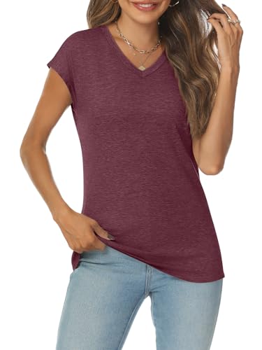 AUTOMET V Neck T Shirts for Women Spring Summer Fall Tops Teacher Work Business Dressy Casual Blouses Basic Tees Boho Fashion WineRed L - Image 3