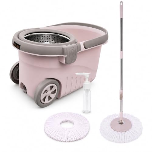 Image of Novita Premium 360 Spin Mop Bucket Set | Steel Jali with Heavy Smart System | Easy Rinse | Telescopic Microfiber Mop & Soap Dispenser |1+1 Refill | Pocha | Big Wheels | Removes Over 99%* Bacteria