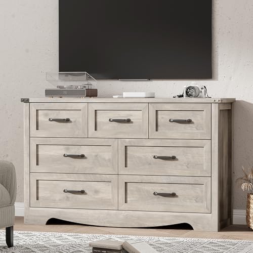 Image of Dresser for Bedroom with 7 Drawers, 48 inch Wide Modern Chest of Drawers with Deep Drawers & Mental Handle, Wood Dresser TV Stand, Wooden Closet Storage Organizer for Living Room, Hallway, Entryway, Grey