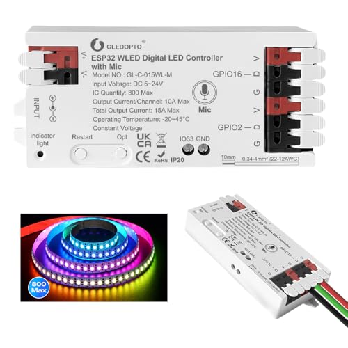 Controlador de tira LED ESP32 WLED con micrófono GLEDOPTO y modo musical dinámico de 5V a 24V
