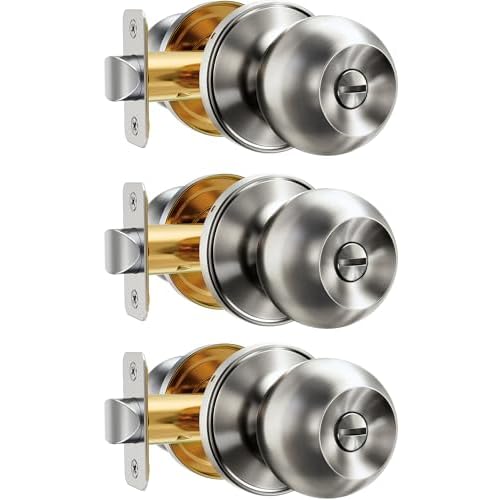 Veise Interior Door Knob 3-Pack, Keyless Privacy Door Locks for Bedroom & Bathroom, Thumb Lock & Emergency Release, Rust-Proof Metal, Easy to Install, Modern Round Doorknobs Set, Brushed Nic