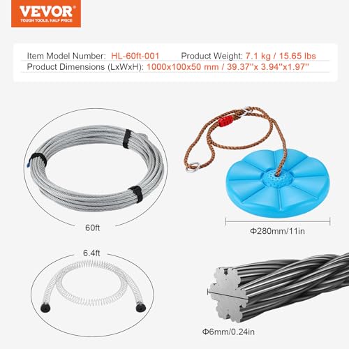 VEVOR Zipline Seilrutsche, Seilbahn Kit für Kinder, Backyard Zip Line Kit mit Federbremssystem, Seilbahn für Garten, Außenbereich, 18,3M