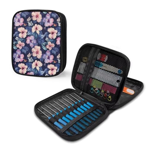 Image of Purple Hibiscus Crochet Hook Case Crochet Hook Holder Portable Storage Bag with Web Pockets Suitable for Needles /Knitting Accessories