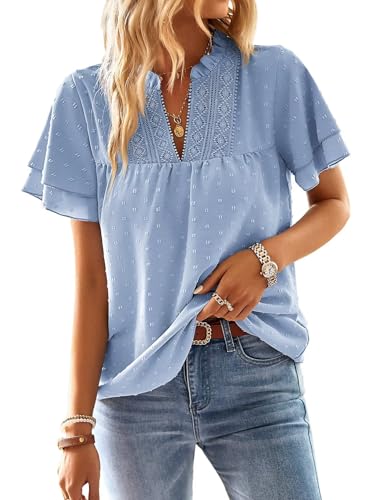 Falechay Plus Size Tops for Women Ruffle Sleeve Womens Blouses V Neck Summer Dressy Casual Flowy Bohemian Shirts Blue 2XL