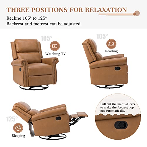 Hulala Home Genuine Leather Manual Swivel Glider Recliner Set Of 2, Wingback Rocker Recliner Chair With Nailhead Trim, Armchair Sofa 360 Degree Swivel For Living Room,Camel #TOP5