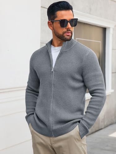 Runcati Mens Full Zip Cardigan Sweater Casual Waffle Stand Collar Knitted Winter Chunky Sweaters2