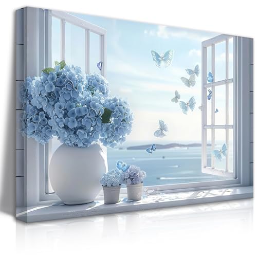 Open Window Canvas Wall Art Blue Hydrangea Floral Vase Butterfly Wall Decor Seascape Beach Fresh Aesthetic Painting Prints Still life Relaxing Spiritual Pleasant Inspiration Posters Pictures Framed