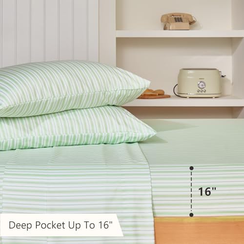 Image of MCO 4Pieces Striped Sheets Set, Breathable King Sheet Set with 16 inch Deep Pocket,Modern & Luxury, Brushed Microfiber Bedding Set(King, Green)