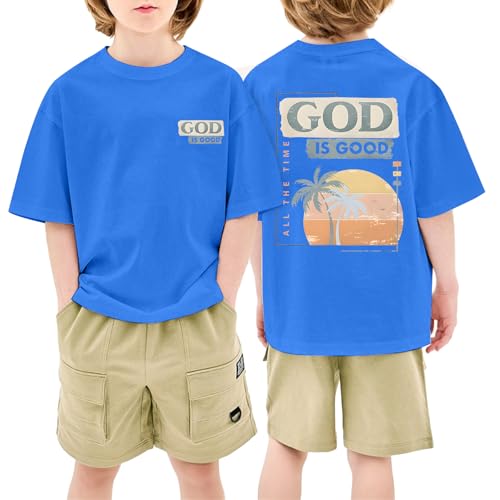 Image of KEEVICI Boys God is Good Shirt Christian Faith Shirts for Kids Jesus Beach Palm Tree Hawaiian Tshirt Graphic Tees Cotton Tops