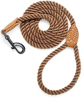 Mile High Life Braided Cotton Rope Leash with Leather Tailor Handle and Heavy Duty Metal Sturdy Clasp (Light Brown, 4 FT)