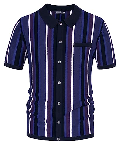 Men’s Short Sleeve Knit Shirt Vintage Stripe Lapel Collar Polo Shirt2