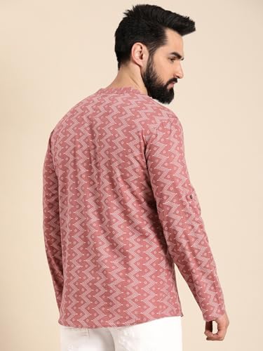 Image of Zombom Men's Cotton Polyester Blend Solid Regular Fit Full Sleeve Printed Short Kurta | Ethnic, Lightweight Summer Kurta for Daily & Occasion Use | Men's Trendy Short Kurta