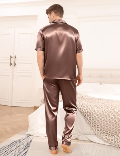 Image of SWOMOG Mens Satin Pajama Set Short Sleeve Classic Sleepwear Button Down Silky Loungewear with Long Pants