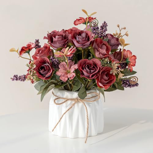 Artificial Flowers in Vase, with vase Fake Flowers Home Flower Arrangement, Balcony, Hallway, Garden, Bedroom, Living Room, Dining Table Decoration Flower A138 (D Red)