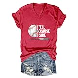 PUGIAF Baseball Mom Shirt for Women, I Yell Because I Care T-Shirt, Casual V Neck Graphic Short Sleeve Tops Blouse Red