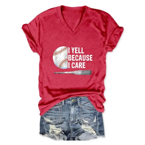 PUGIAF Baseball Mom Shirt for Women, I Yell Because I Care T-Shirt, Casual V Neck Graphic Short Sleeve Tops Blouse Red