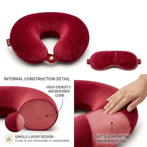 Image of Travel Neck Pillow for Adults, Fiber Filled U-Shaped Neck Support Pillow with Button Closure, Soft Plush Neck Cushion for Airplane, Car, Office & Travel (red)