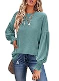 MIHOLL Long Sleeve Tshirts Shirts for Women Crew Neck Ruffle Lantern Sleeve Casual Loose Blouse Tops(Light Green,Medium)