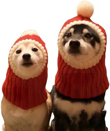DELIFUR Dog Christmas Cap with Pompon Crocheted Snood Adorable Cat Hat Red Warm Winter Dog Hat Knit Snood Headband for Pets & Women & Man (Large)