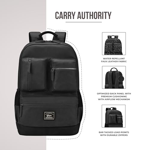 Image of Gear Vintage Boxy 18 inch /26L Medium Faux Leather Water Resistant Laptop Backpack /Casual Bag /Daypack /Travel Backpack /College Backpack For Men /Women (Black - Black)