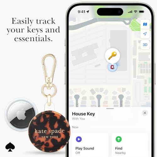 Image of kate spade new york AirTag Holder with Gold Ring Clip - Tortoiseshell | Stylish, Anti-Scratch, and Protective Case for Apple AirTag - Attaches Securely to Bags, Luggage, Keys, Purse, Totes & More