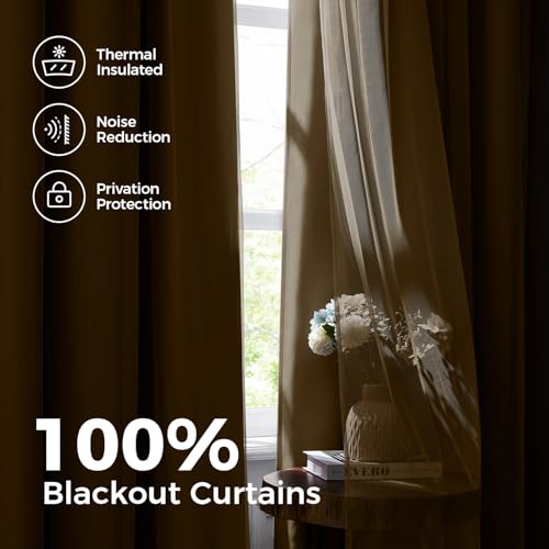Image of 100% Blackout Curtains for Bedroom, Double Layer Khaki Curtains, Black Out Curtain 84 inch Long with Sheer Overlay for Living Room, Room Darkening Window Drapes with Grommet, 52 inch W x 84 inch L