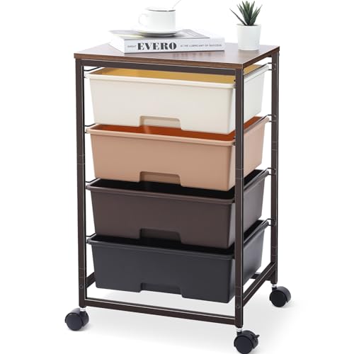 Image of SYKIARIOL Utility Cart with 4 Drawers, Brown | Rolling Storage Cart with Drawers, Storage Rolling Drawer Cart