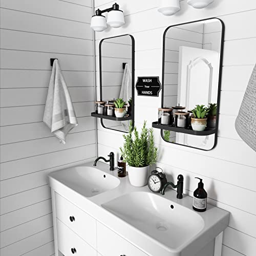 Black Farmhouse Bathroom Mirror With Shelf Vanity Mirror, Rectangle Metal Rounded Wall Mirror For Bathroom Living Room,Entryway 15.7" X 29.5" #TOP1