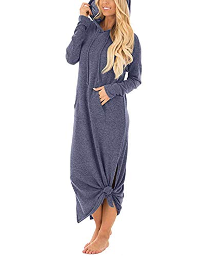 Auxo Damen Langarm Kapuzenpullover Kleid Lange Kleid Oversized Maxi Kleider mit Taschen Blau X-Large