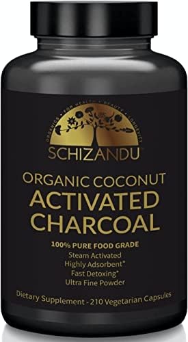 Schizandu Organics Activated Coconut Charcoal Capsules, 100% Pure Detox, Non GMO | 210 Pills | Use for Detoxification, Teeth Whitening, Digestive Health, Prevention