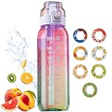 Botella de agua con sabor, botella de agua de 1000 ml con pods, sin BPA, juego de iniciación 0 azúcar, deporte, botella con marcador de tiempo y marcador de tiempo para correr y en el gimnasio (lila,