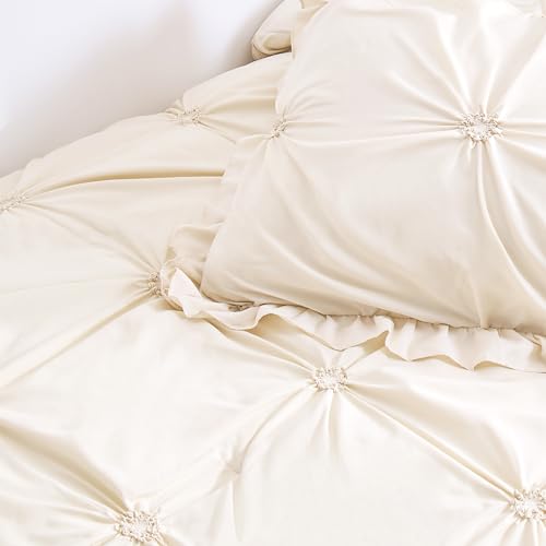Image of Twin Comforter Set for Girls, Boho Pintuck Bedding Comforter Sets, 4 Pieces Ruffles Jacquard Embroidery Twin Bedding Sets with Comforter, Fitted Sheet, Flat Sheet and Pillowcase, Beige