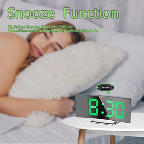 Digital Alarm Clock for Bedrooms, Bedside Clock with Modern Curved Design for Heavy Sleeper, 2 Brightness, 12/24H, Snooze, USB Power Supply, Power-off Memory(Green)