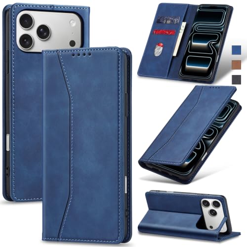 Image of Jasonyu Flip Wallet Case for iPhone 17 Pro,Leather Magnetic Folio Cover with Card Holder,Kickstand - TPU Shockproof Durable Protective Phone Case,Blue