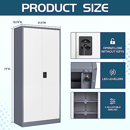 MIIIKO Home Office Storage Cabinet with Shelves and Doors, Metal Utility Cabinets with 2 Locking Doors and 5 Shelves, Tall Steel Locker Cabinets or Garage, Kithen, Pantry and Classroom