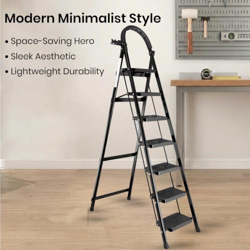 Image of Black 7 Step Ladder for Home Use with Built-in Tool Tray | Heavy Duty D Shape Rods | Ultra Large Platform | Wide Rubber Feet | 150Kg Capacity Foldable Ladder - 7 Years Warranty